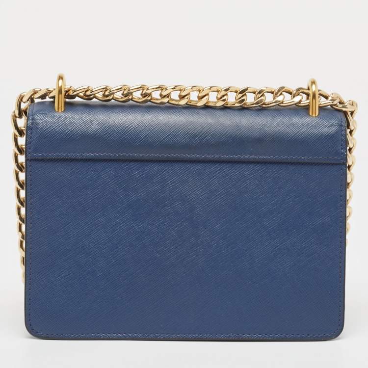 Pre Owned Prada Blue Saffiano and Soft Leather Chain Flap Shoulder Bag