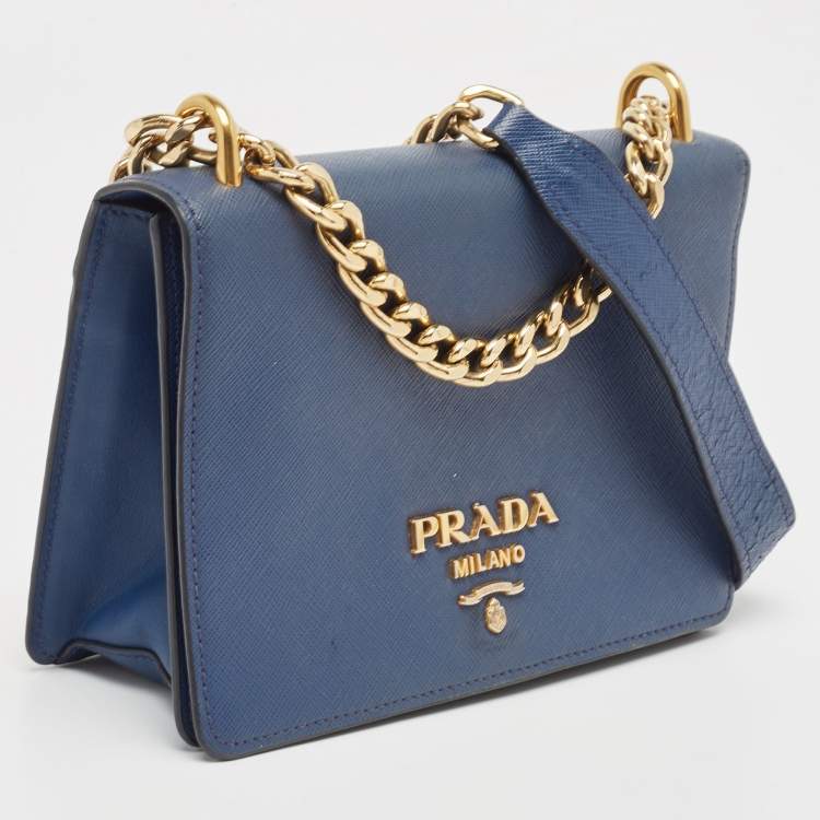 Pre Owned Prada Blue Saffiano and Soft Leather Chain Flap Shoulder Bag
