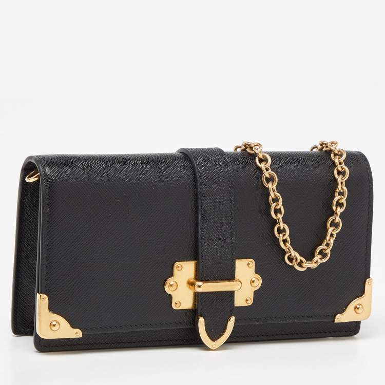 Pre Owned Prada Black Saffiano Leather Cahier Wallet on Chain