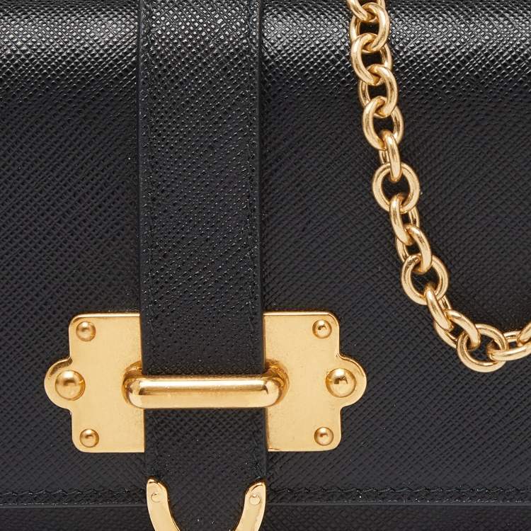 Pre Owned Prada Black Saffiano Leather Cahier Wallet on Chain