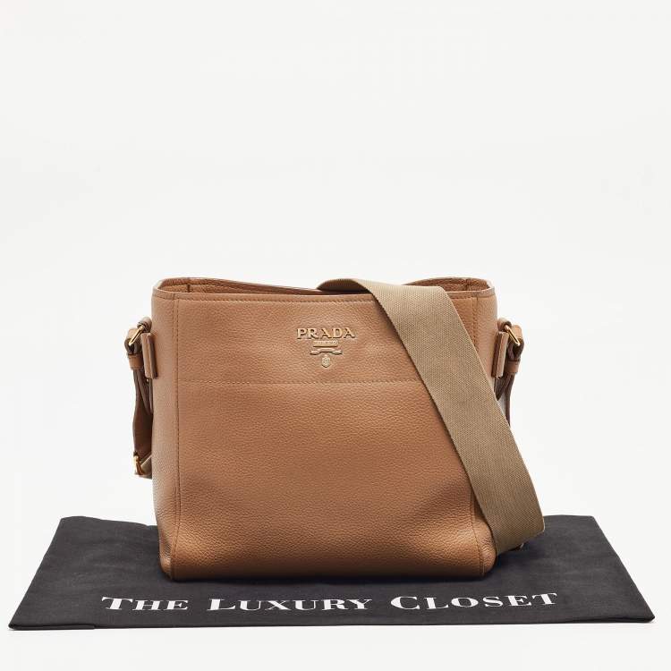 Pre Owned Prada Brown Vitello Daino Leather Logo Shoulder Bag