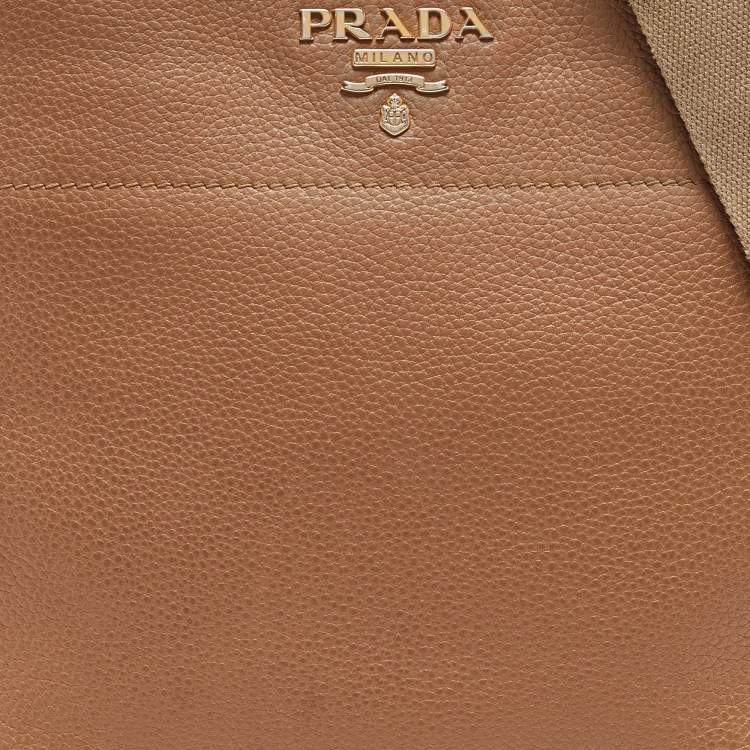 Pre Owned Prada Brown Vitello Daino Leather Logo Shoulder Bag