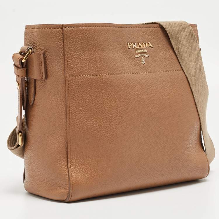 Pre Owned Prada Brown Vitello Daino Leather Logo Shoulder Bag