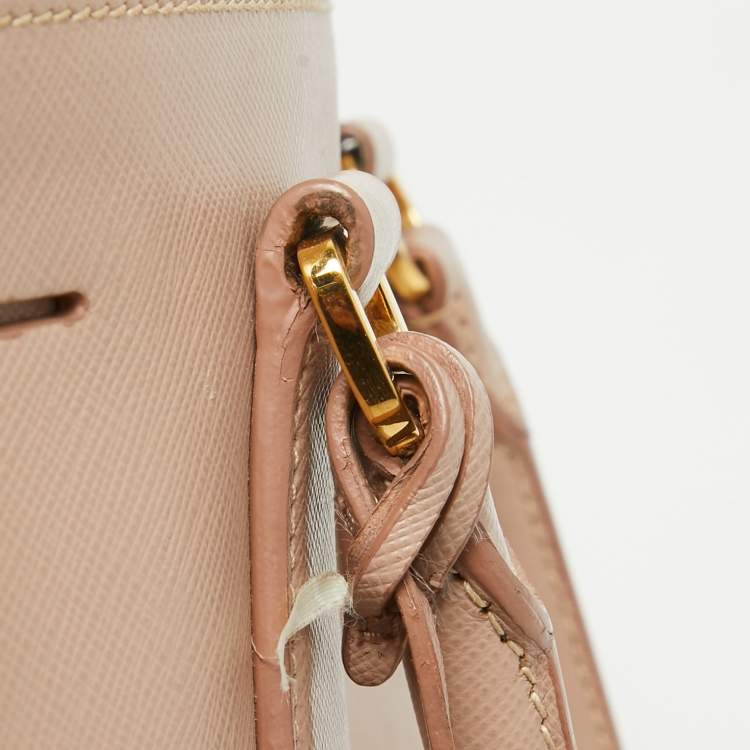 Pre Owned Prada Rose Poudre Saffiano Lux Leather Medium Double Zip Tote
