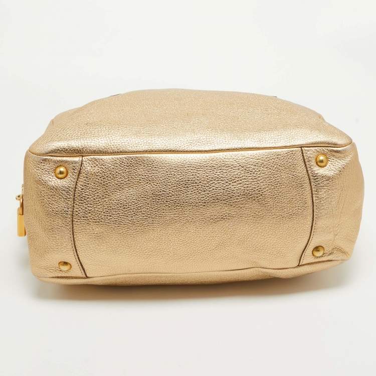 Pre Owned Prada Gold Vitello Daino Leather Large Bauletto Bag