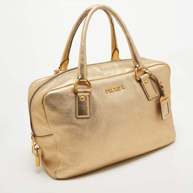 Pre Owned Prada Gold Vitello Daino Leather Large Bauletto Bag