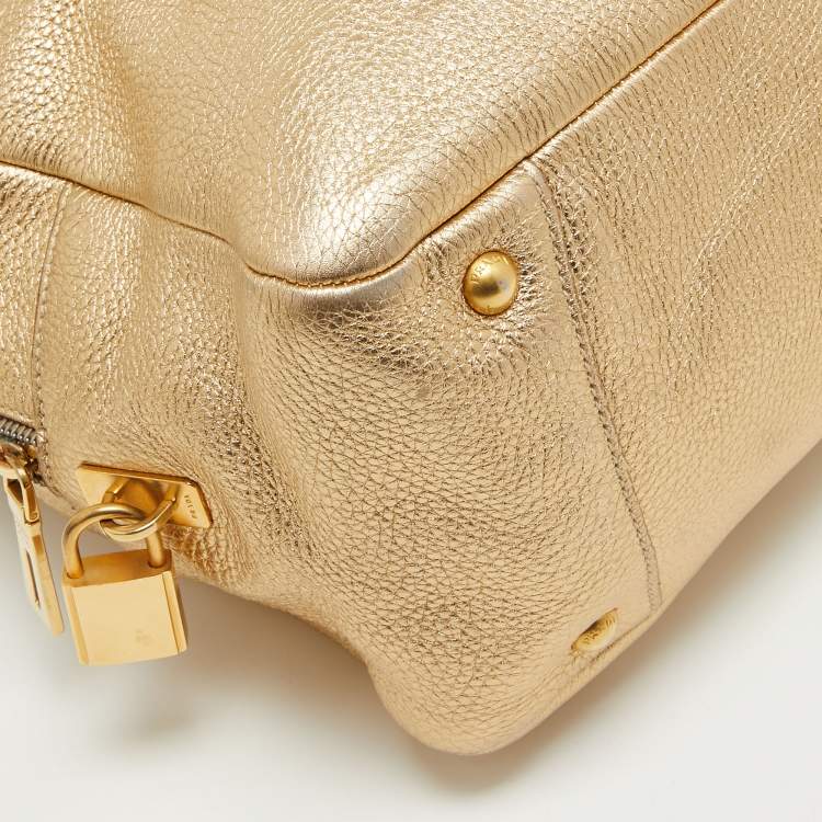 Pre Owned Prada Gold Vitello Daino Leather Large Bauletto Bag