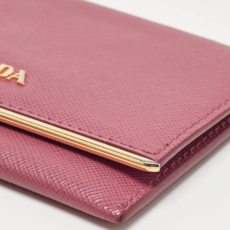 Pre Owned Prada Pink Saffiano Leather Flap Metal Card Holder