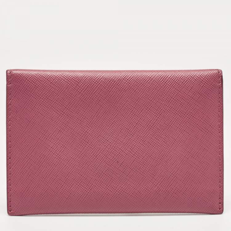 Pre Owned Prada Pink Saffiano Leather Flap Metal Card Holder