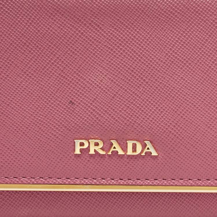 Pre Owned Prada Pink Saffiano Leather Flap Metal Card Holder