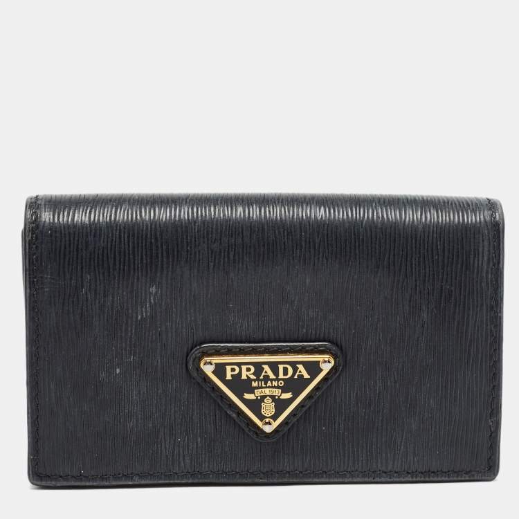 Pre Owned Prada Black Move Leather Logo Flap Card Holder