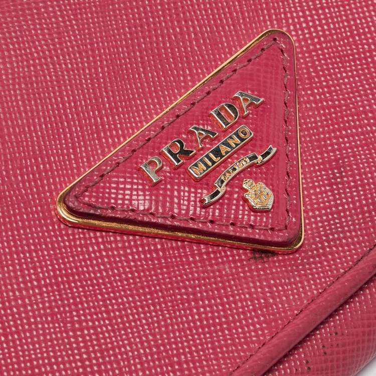 Pre Owned Prada Pink Saffiano Metal Leather Triangle Logo Flap Continental Wallet