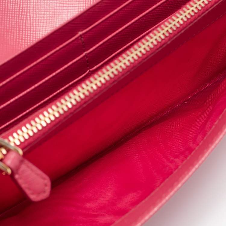 Pre Owned Prada Pink Saffiano Metal Leather Triangle Logo Flap Continental Wallet