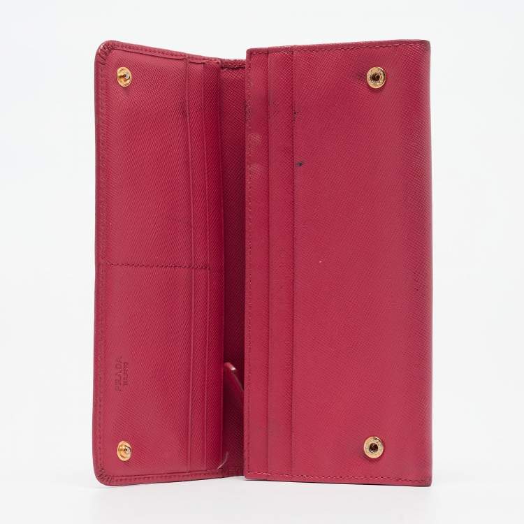 Pre Owned Prada Pink Saffiano Metal Leather Triangle Logo Flap Continental Wallet