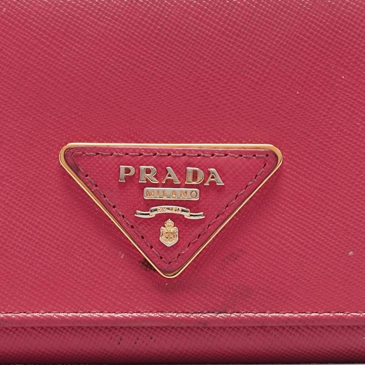 Pre Owned Prada Pink Saffiano Metal Leather Triangle Logo Flap Continental Wallet