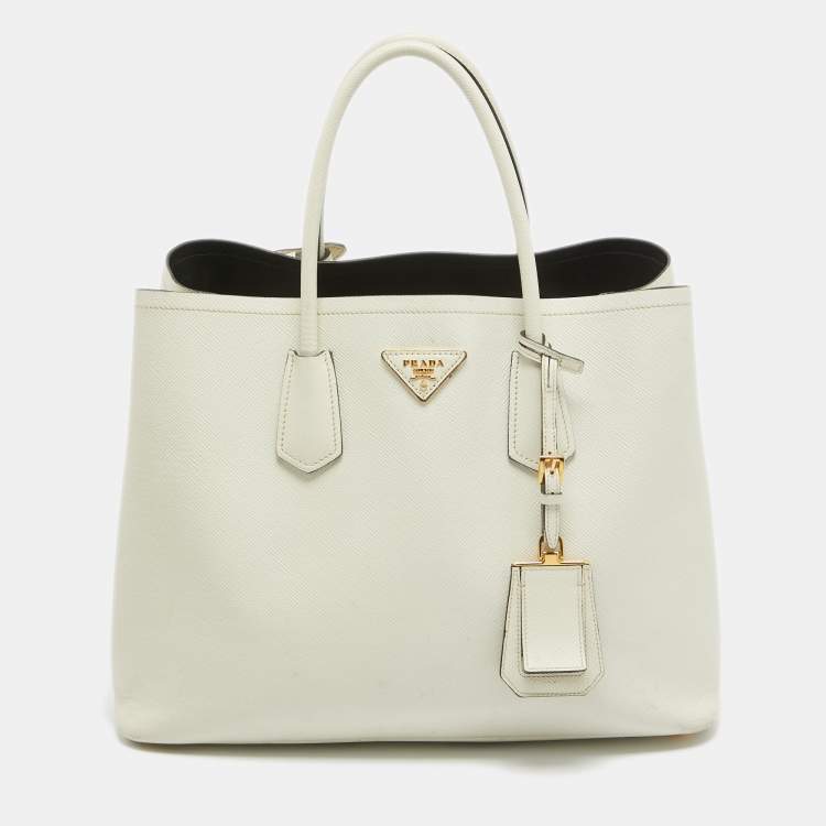 Pre Owned Prada Off White Saffiano Cuir Leather Double Handle Open Tote