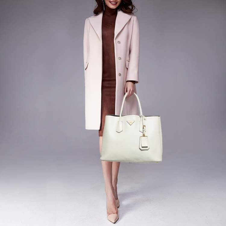Pre Owned Prada Off White Saffiano Cuir Leather Double Handle Open Tote