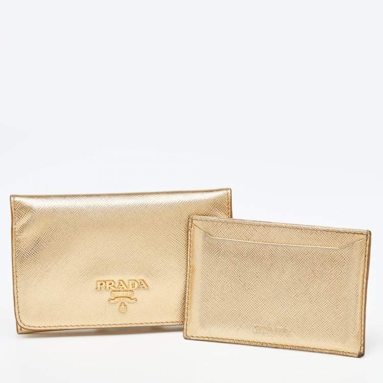 Pre Owned Prada Gold Saffiano Leather Business Card Case