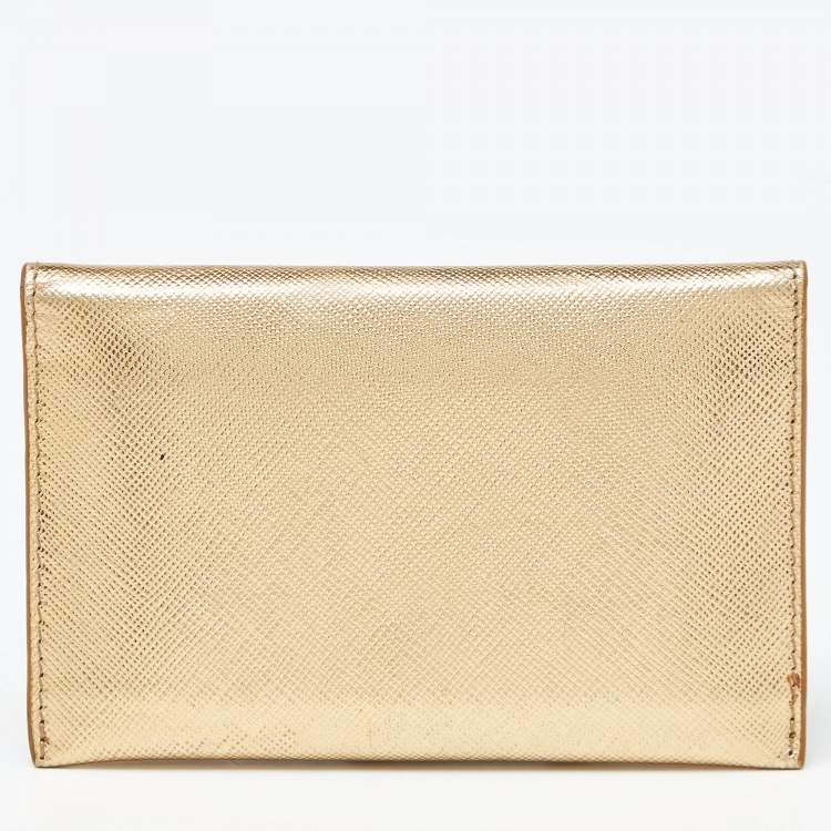 Pre Owned Prada Gold Saffiano Leather Business Card Case