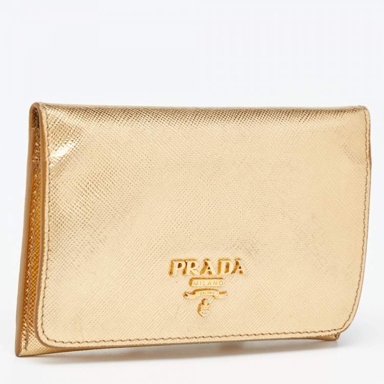Pre Owned Prada Gold Saffiano Leather Business Card Case