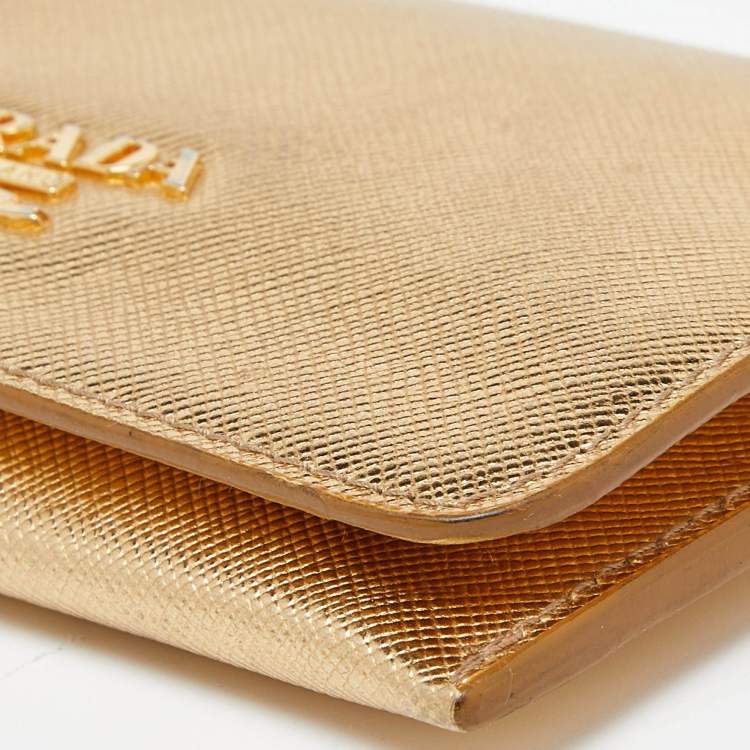 Pre Owned Prada Gold Saffiano Leather Business Card Case