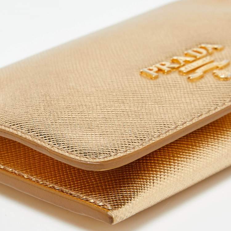 Pre Owned Prada Gold Saffiano Leather Business Card Case