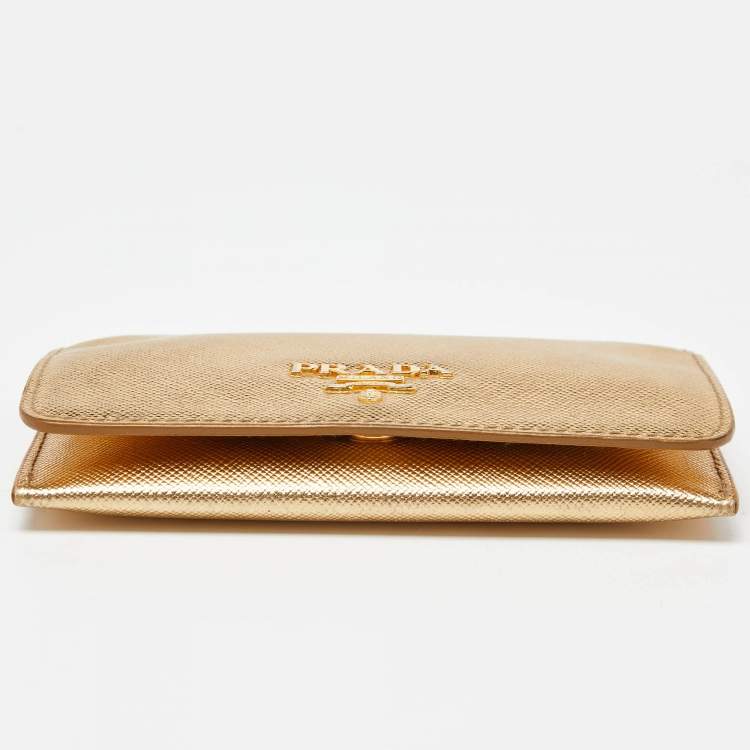 Pre Owned Prada Gold Saffiano Leather Business Card Case