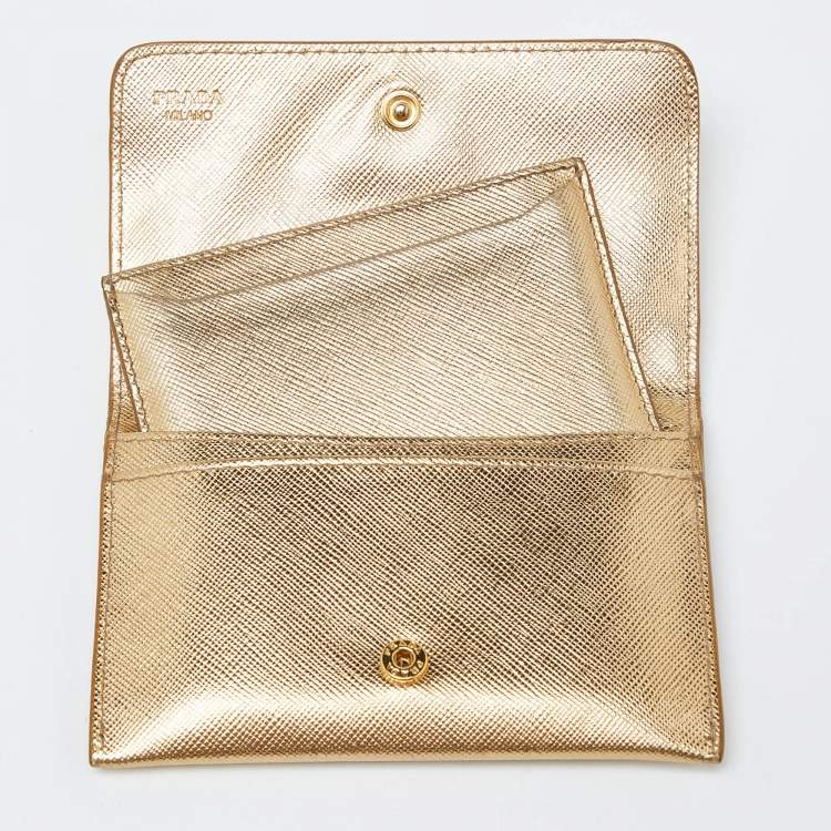 Pre Owned Prada Gold Saffiano Leather Business Card Case