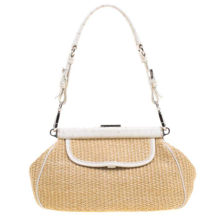Pre Owned Prada Beige/Off White Raffia and Ostrich Leather Frame Satchel