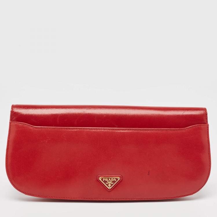 Pre Owned Prada Red Leather Turnlock Flap Clutch