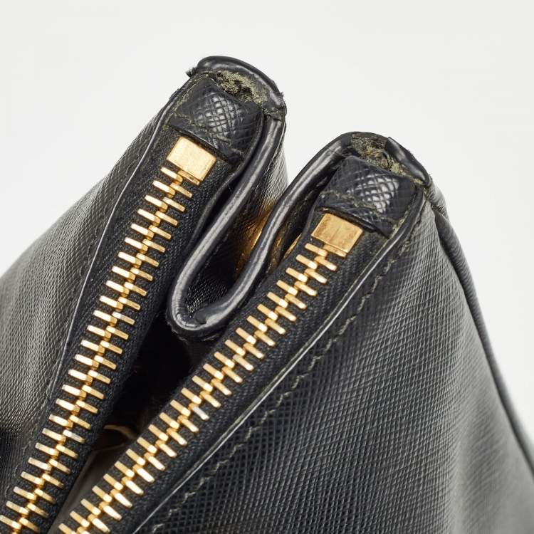 Pre Owned Prada Black Saffiano Leather Small Double Zip Tote