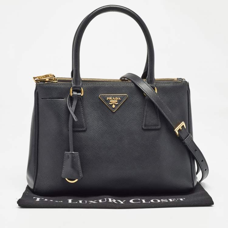 Pre Owned Prada Black Saffiano Leather Small Double Zip Tote
