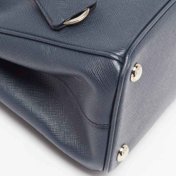 Pre Owned Prada Navy Blue Saffiano Lux Leather Small Galleria Double Zip Tote