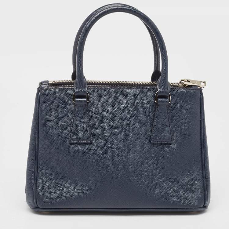 Pre Owned Prada Navy Blue Saffiano Lux Leather Small Galleria Double Zip Tote