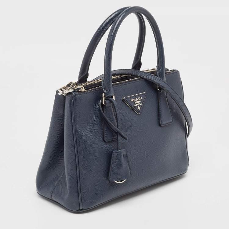 Pre Owned Prada Navy Blue Saffiano Lux Leather Small Galleria Double Zip Tote