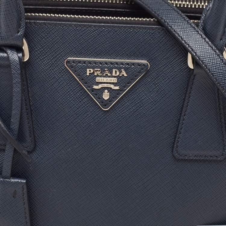 Pre Owned Prada Navy Blue Saffiano Lux Leather Small Galleria Double Zip Tote