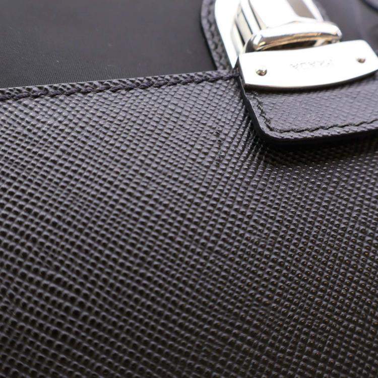Pre Owned Prada Black Saffiano Trimmed Small Tessuto Flap-Top Briefcase