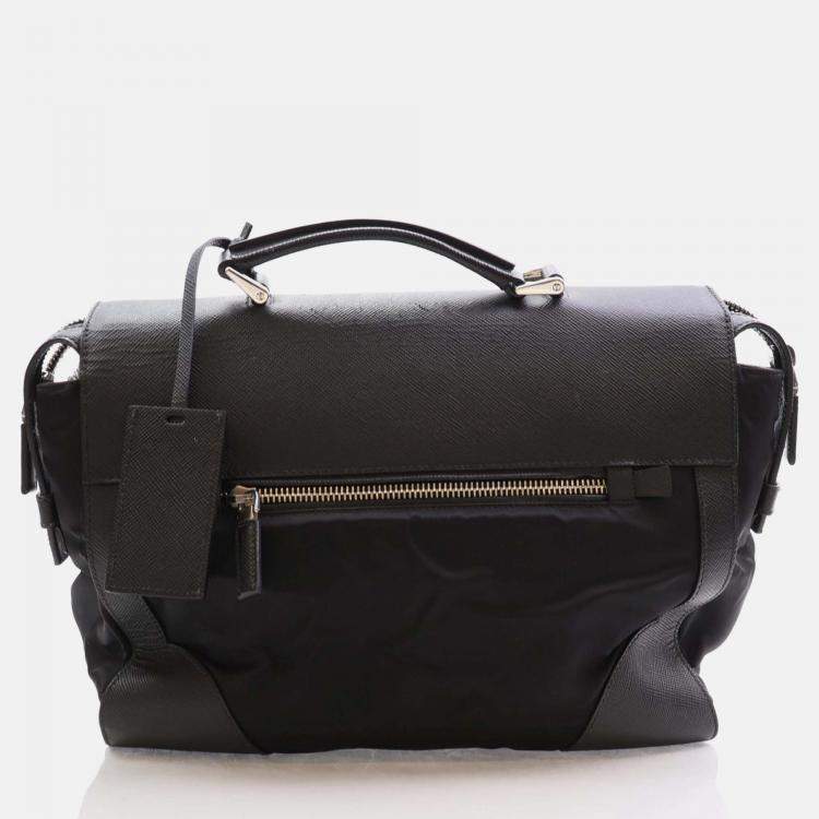 Pre Owned Prada Black Saffiano Trimmed Small Tessuto Flap-Top Briefcase