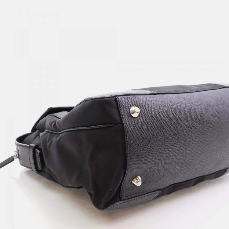 Pre Owned Prada Black Saffiano Trimmed Small Tessuto Flap-Top Briefcase