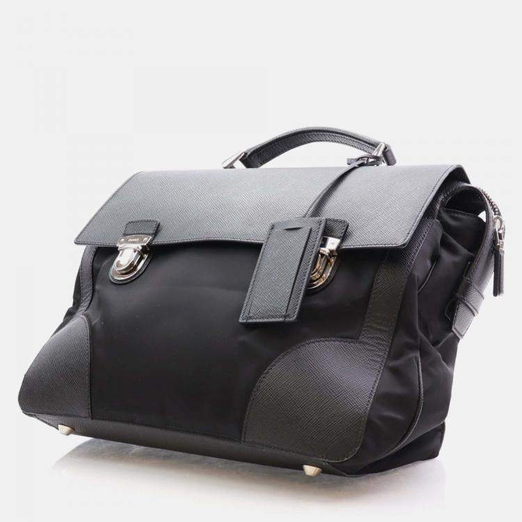 Pre Owned Prada Black Saffiano Trimmed Small Tessuto Flap-Top Briefcase