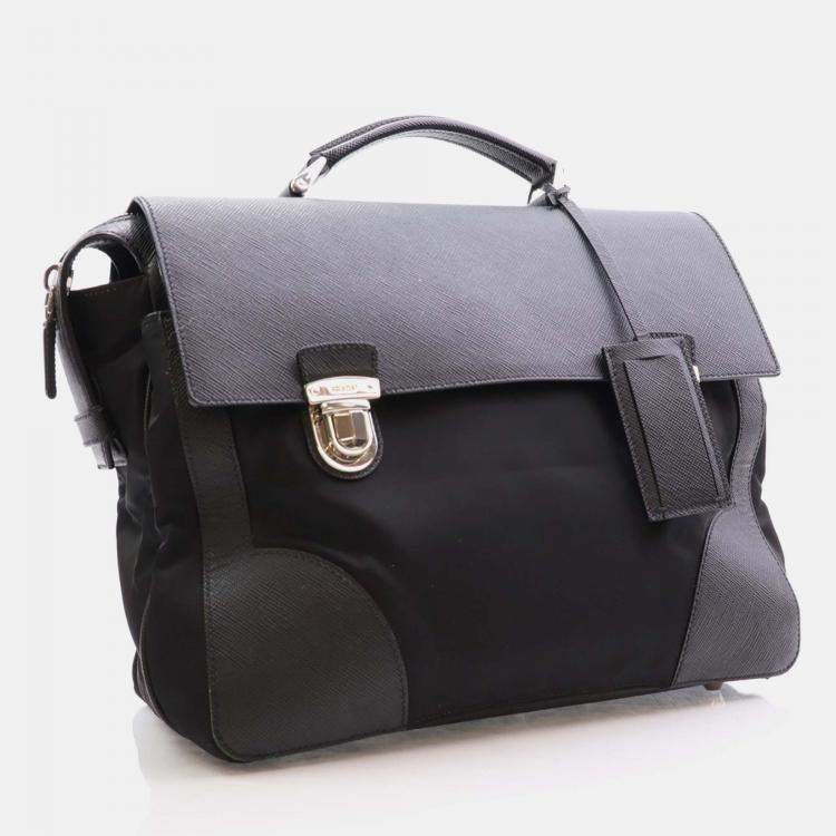 Pre Owned Prada Black Saffiano Trimmed Small Tessuto Flap-Top Briefcase