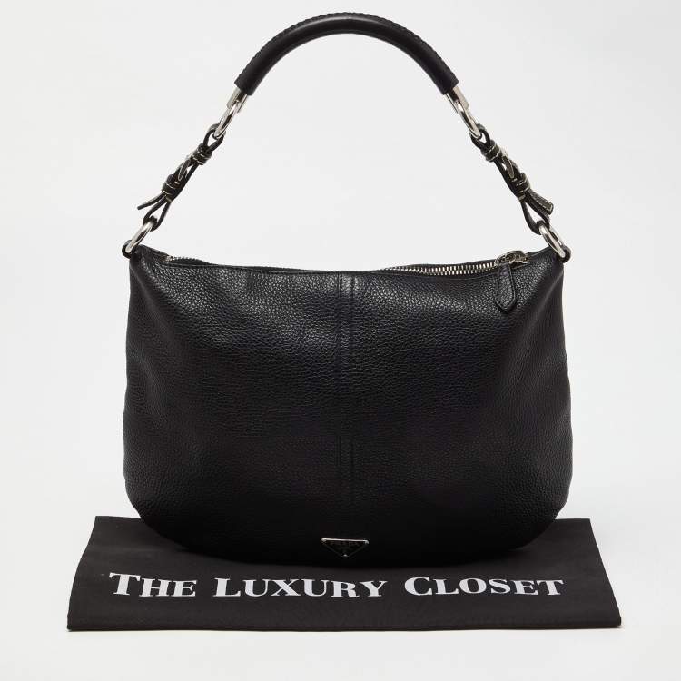 Pre Owned Prada Black Leather Logo Hobo