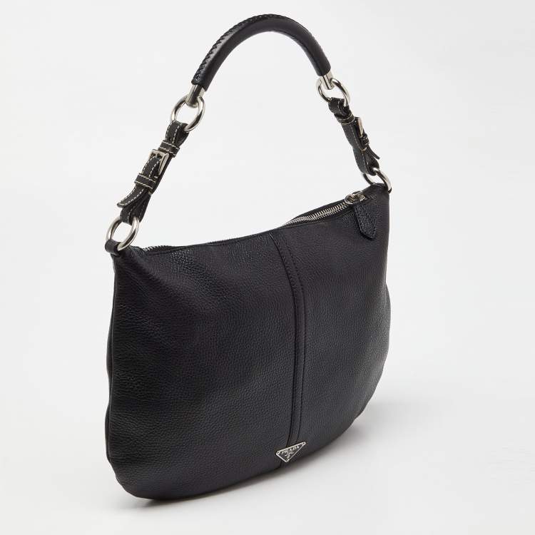 Pre Owned Prada Black Leather Logo Hobo