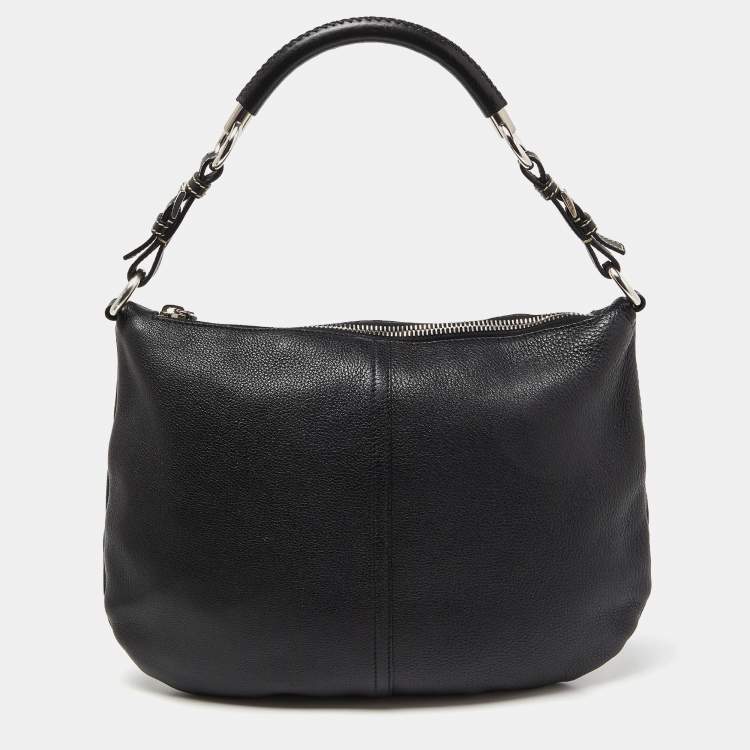 Pre Owned Prada Black Leather Logo Hobo