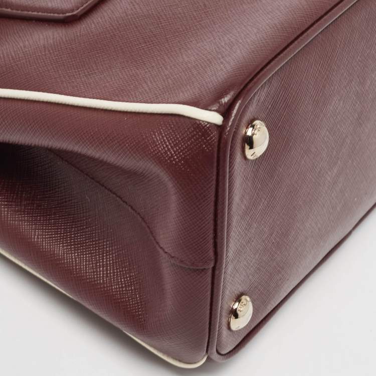Pre Owned Prada Burgundy Saffiano Lux Leather Small Galleria Double Zip Tote