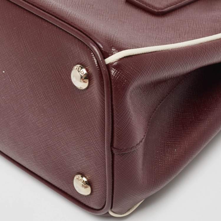 Pre Owned Prada Burgundy Saffiano Lux Leather Small Galleria Double Zip Tote