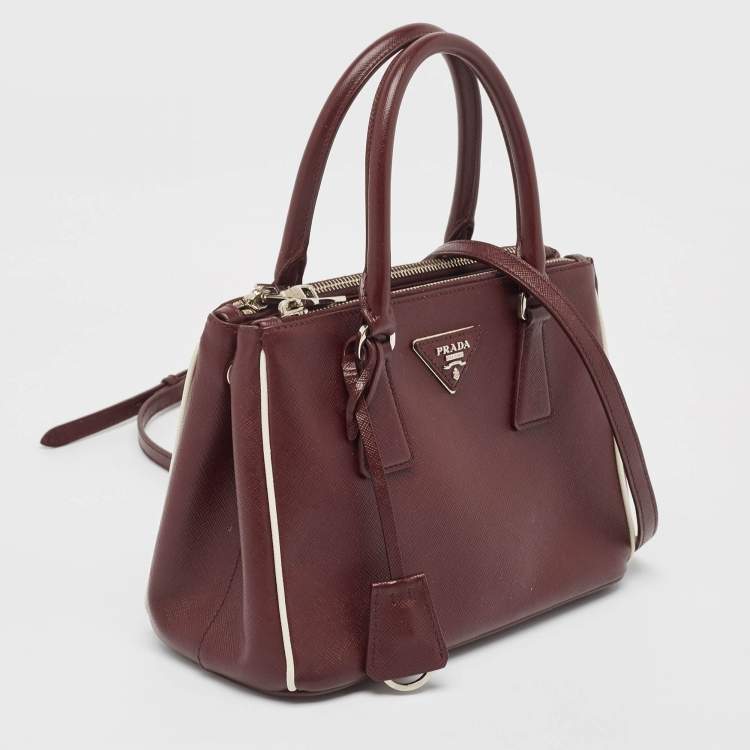 Pre Owned Prada Burgundy Saffiano Lux Leather Small Galleria Double Zip Tote
