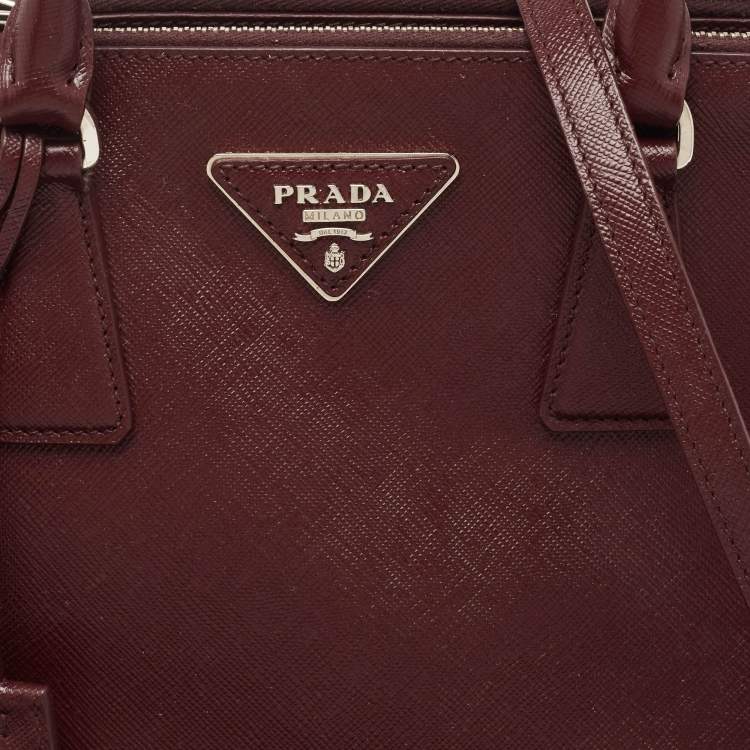 Pre Owned Prada Burgundy Saffiano Lux Leather Small Galleria Double Zip Tote