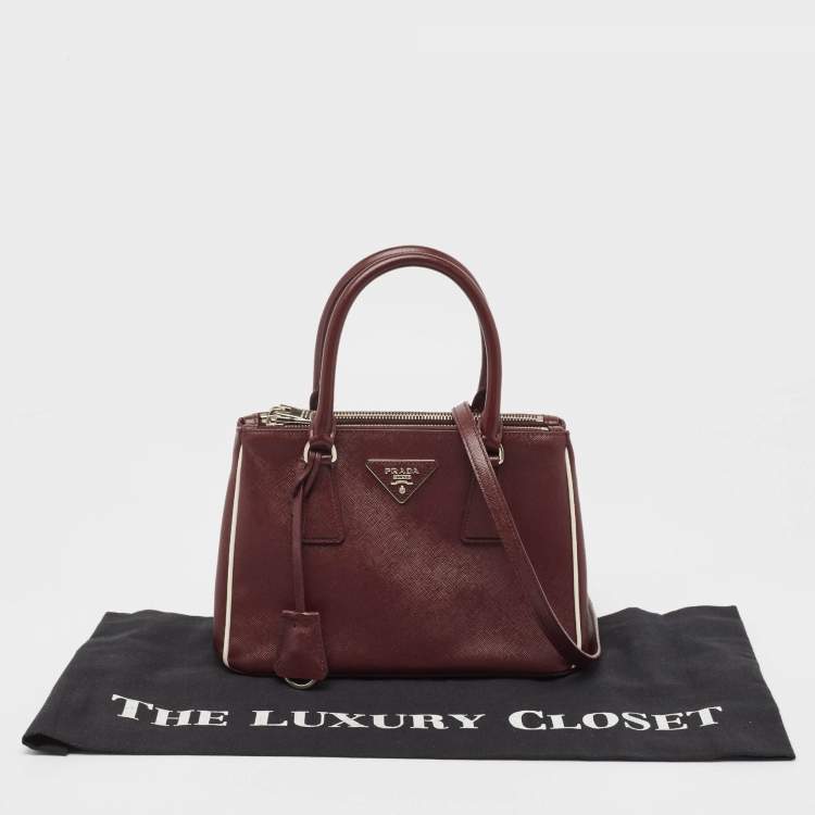 Pre Owned Prada Burgundy Saffiano Lux Leather Small Galleria Double Zip Tote