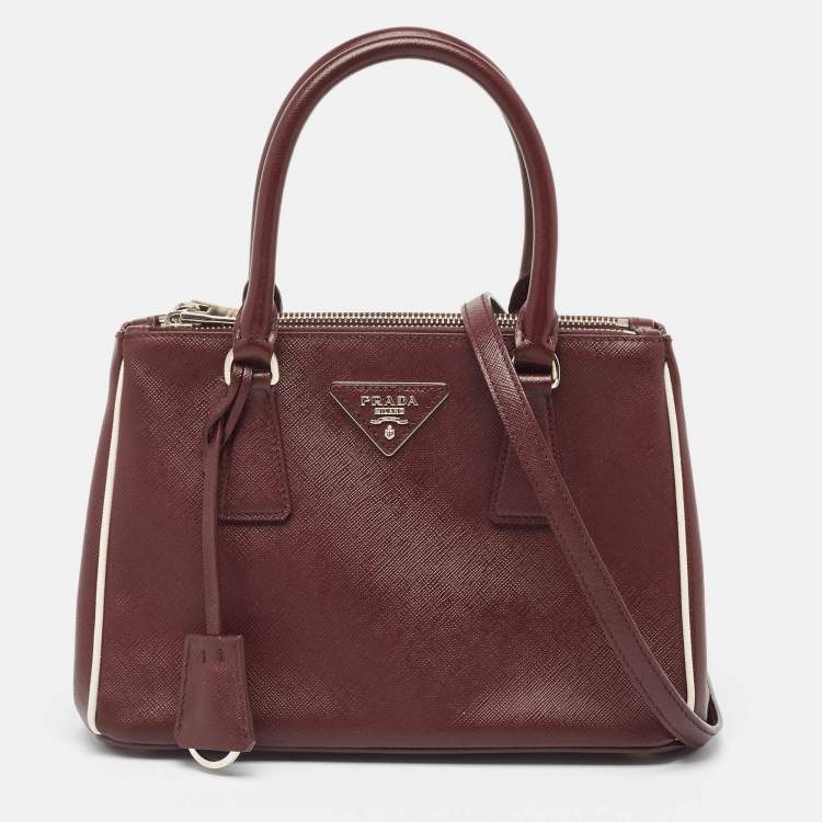 Pre Owned Prada Burgundy Saffiano Lux Leather Small Galleria Double Zip Tote